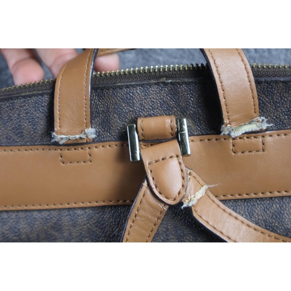 Michael Kors Backpack Womens Medium Brown MK Logo Monogram Leather Trim Zip - Picture 5 of 8